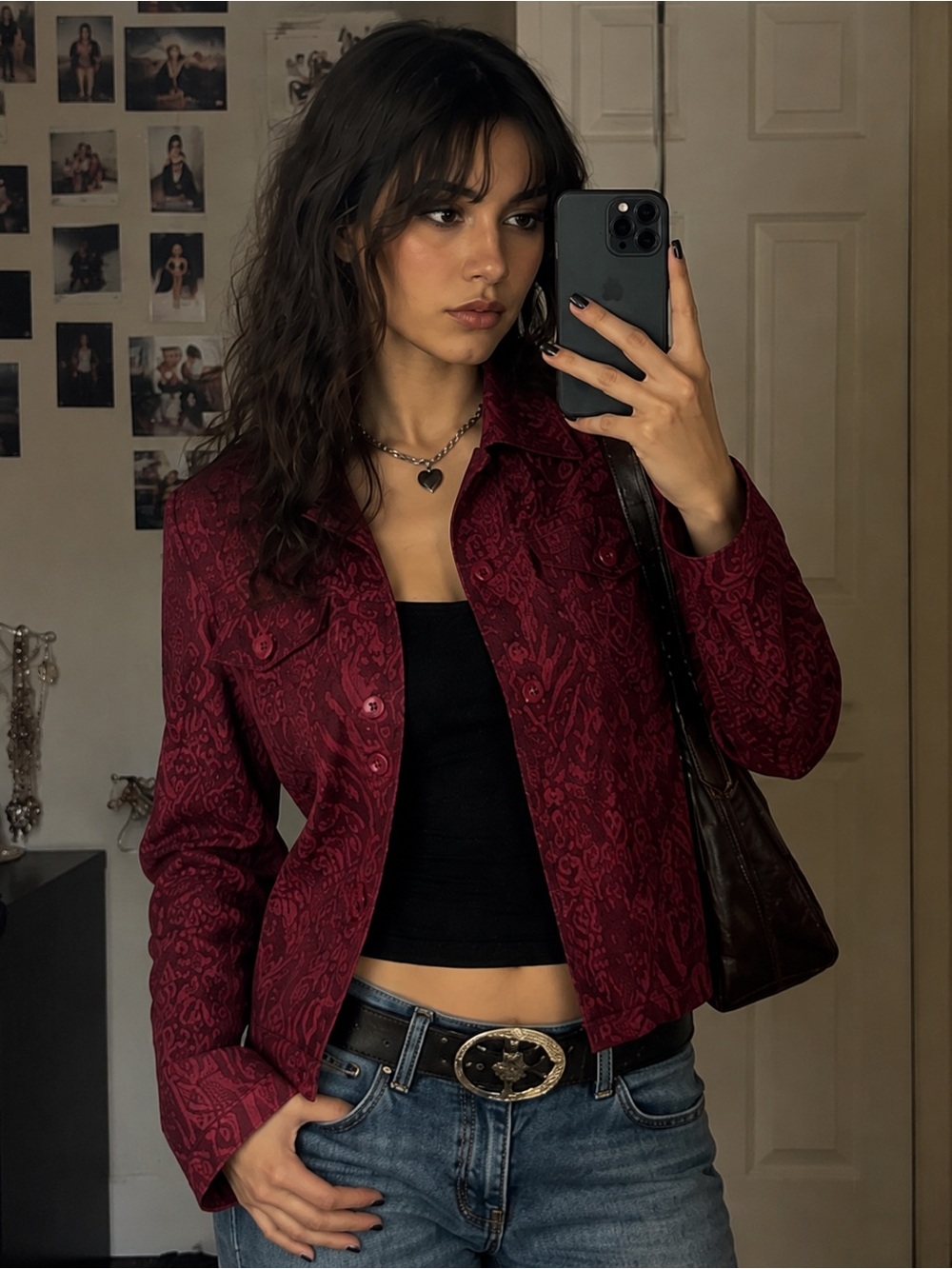 Silver Jeans Burgundy Patterned Button-Up Jean Jacket
